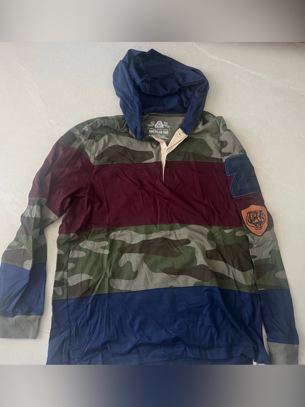 American Rag Men's Hooded Colorblock Camo Pullover - Navy, Olive & Burgundy